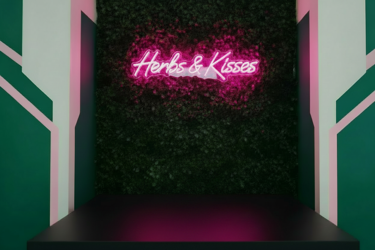 Neon sign with 'Herbs & Kisses' and a decorative tiara on a dark background
